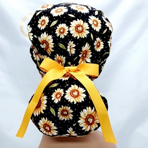womens scrub hats, surgical scrub hats, scrub hats for women, scrub cap, vintage, sunflower print scrub cap, gift, ribbon