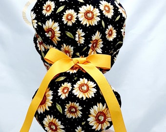 womens scrub hats, surgical scrub hats, scrub hats for women, scrub cap, vintage, sunflower print scrub cap, gift, ribbon