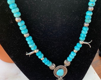 Antique Squash Blossom Pendant Necklace with Faceted Magnesite Beads