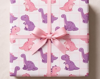 Pink Purple Dinosaur Wrapping Paper, Dinosaur Gift Wrap, Girl Dinosaur Gift Wrap, Dino Birthday Gift Wrap