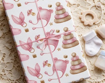 Baby Girl Shower Wrapping Paper, Baby Girl Gift Wrap, Pink Baby Shower Wrapping Paper