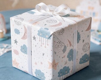 Cloud Moon Stars Baby Shower Wrapping Paper, Celestial Baby Gift Wrap, Neutral Baby Shower Gift Wrap, Moon and Stars Baby Paper