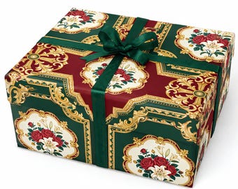 Victorian Burgundy Gold Wrapping Paper, Vintage Green Floral Gift Wrap, Antique Style Gift Wrap, Elegant Botanical Wrap, Luxury Gift Paper