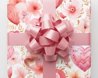 Pink Flower Wrapping Paper, Pink Hearts Gift Wrap, Floral Wedding Shower, Birthday Botanical Wrap