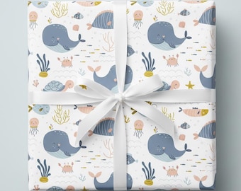 Whale Wrapping Paper, Nautical Nursery Gift Wrap, Under the Sea, Baby Shower Ocean, Birthday Paper