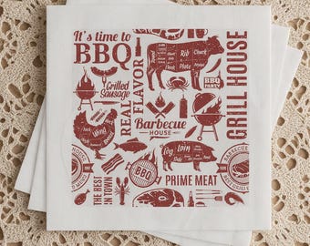 Barbecue Paper Napkins, BBQ Party Napkins, Backyard BBQ Supplies, Cookout Napkins, Outdoor Grill Party, Fathers Day Napkins, Set of 50