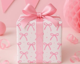 Bows Wrapping Paper, Pink Baby Shower Gift Wrap, Girl Birthday Packaging