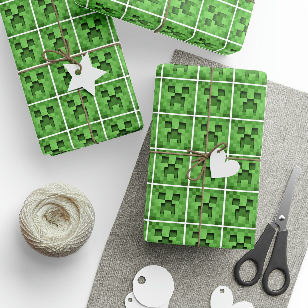 Minecraft Wrapping Paper Green Gift Wrap Mining Birthday Party Present