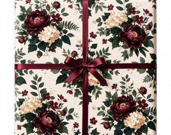Burgundy Floral Wrapping Paper, Elegant Wine Red Flower Gift Wrap, Vintage Botanical Wrapping Paper, Romantic Floral Gift Wrap