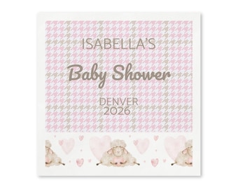 Personalized Baby Shower Paper Napkins, Custom New Baby Napkins, Houndstooth Cocktail Napkins, Modern Plaid Table Decor, Set of 50