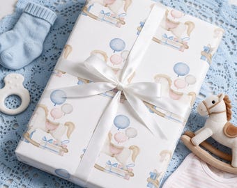 Watercolor Rocking Horse Wrapping Paper, Hand-Drawn Baby Gift Wrap, Nursery Gift Wrapping, Baby Shower Wrapping Paper, Vintage Baby Gift