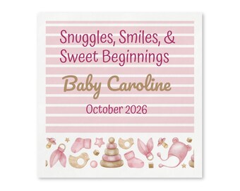 Personalized Baby Shower Paper Napkins, Welcome Baby Girl Party Napkins, Custom Pink Striped Cocktail Decor, Set of 50