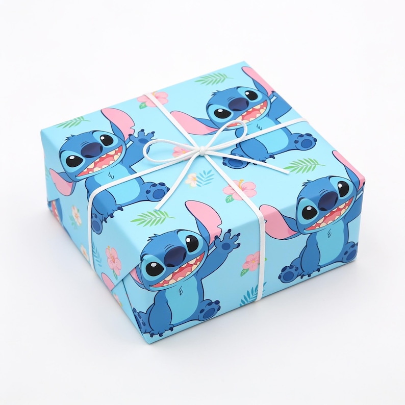 Stitch Wrapping Paper, Alien Gift Wrap, Hawaiian Birthday Wrapping Paper, Kids Birthday Gift Wrap, Tropical Party Supplies image 2