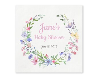 Personalized Floral Birthday Napkins, Custom Shower Wreath Party Decor, Wedding Flowers Napkins
