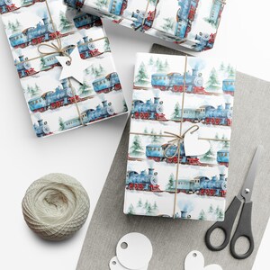 Train Wrapping Paper Birthday Gift Wrap Party Blue Watercolor