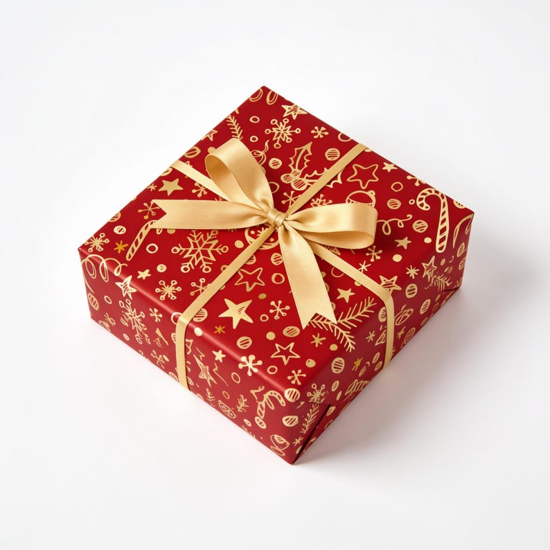 May include: A square gift box wrapped in deep red paper featuring a repeating gold pattern of snowflakes, stars, candy canes, and holly leaves. The box is tied with a smooth, light gold satin ribbon arranged in a centered bow on the top surface.