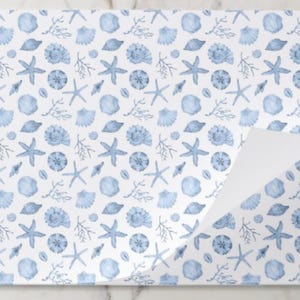 Seashells Paper Placemats  Birthday Party Baby Bridal Shower Blue Watercolor Seashore, Set of 25