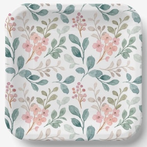 Floral Paper Plates Peach Green Flowers Birthday Party Baby Bridal Shower Wedding Anniversary Watercolor, Set of 8