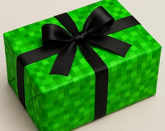 Green Pixels Wrapping Paper, Grass Block Gift Wrap, Mining Gift Packaging, Gamer Wrapping Paper, Video Game World Gaming, Birthday Wrap
