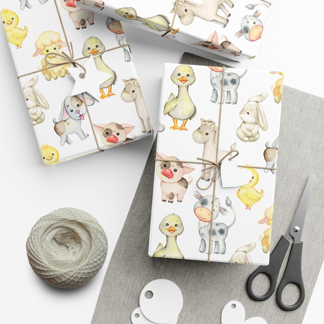 Farm Animals Wrapping Paper Watercolor Birthday Gift Wrap Party Baby Shower Kids Boy Girl ...