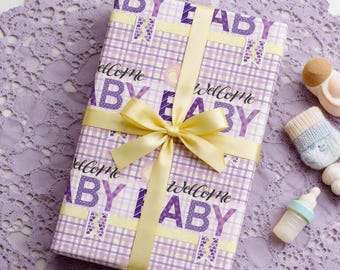 Welcome Baby Wrapping Paper, Purple Baby Wrapping Paper, Baby Shower Gift Wrap