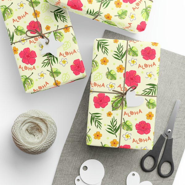 Hawaiian Wrapping Paper Hawaii Gift Wrap Aloha Yellow Pink Hibiscus Floral Flowers Present Birthday