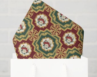 Burgundy Green Gold Victorian Floral Tissue Paper, Elegant Vintage Gift Wrap Tissue, Luxury Antique Floral Tissue Paper, Set of 6