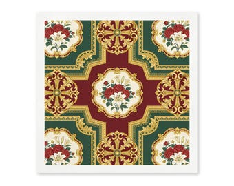 Burgundy Green Victorian Floral Paper Napkins, Elegant Vintage Gold Flower Napkins, Wedding Holiday Table Decor, Set of 50
