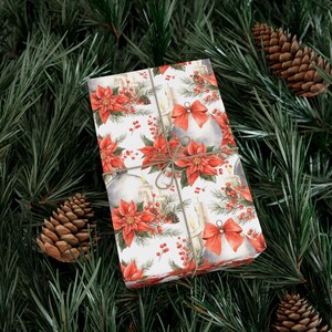 Christmas Ornament Wrapping Paper Poinsettia Candle Gift Wrap Red Green Festive