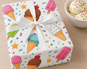Ice Cream Wrapping Paper, Sweet Treats Gift Wrap, Sprinkles and Sundae Stationery, Summer Birthday Gift Packaging
