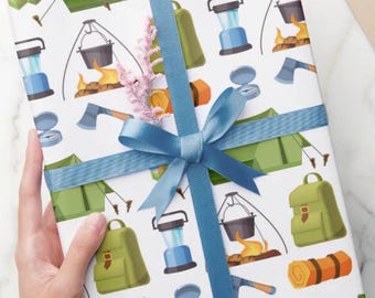 Camping Wrapping Paper, Campfire Tent Gift Wrap, Cabin Life Outdoorsman, National Park Paper, Hiking Birthday