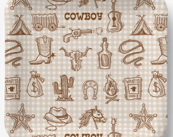 Cowboy Square Paper Plates Western Horse Birthday Party Rodeo, Set of 8