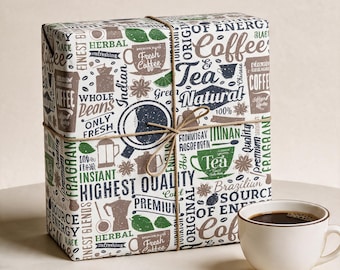 Coffee Wrapping Paper, Tea Gift Wrap, Caffeine Gift Paper, Cafe Gift Wrap, Beverage Wrapping Paper