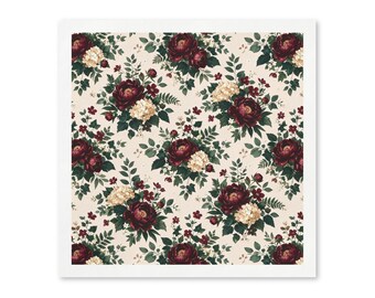 Burgundy Floral Paper Napkins, Elegant Flower Party Napkins, Wine Red Cocktail Napkins, Wedding & Holiday Party Supplies, Set of 50
