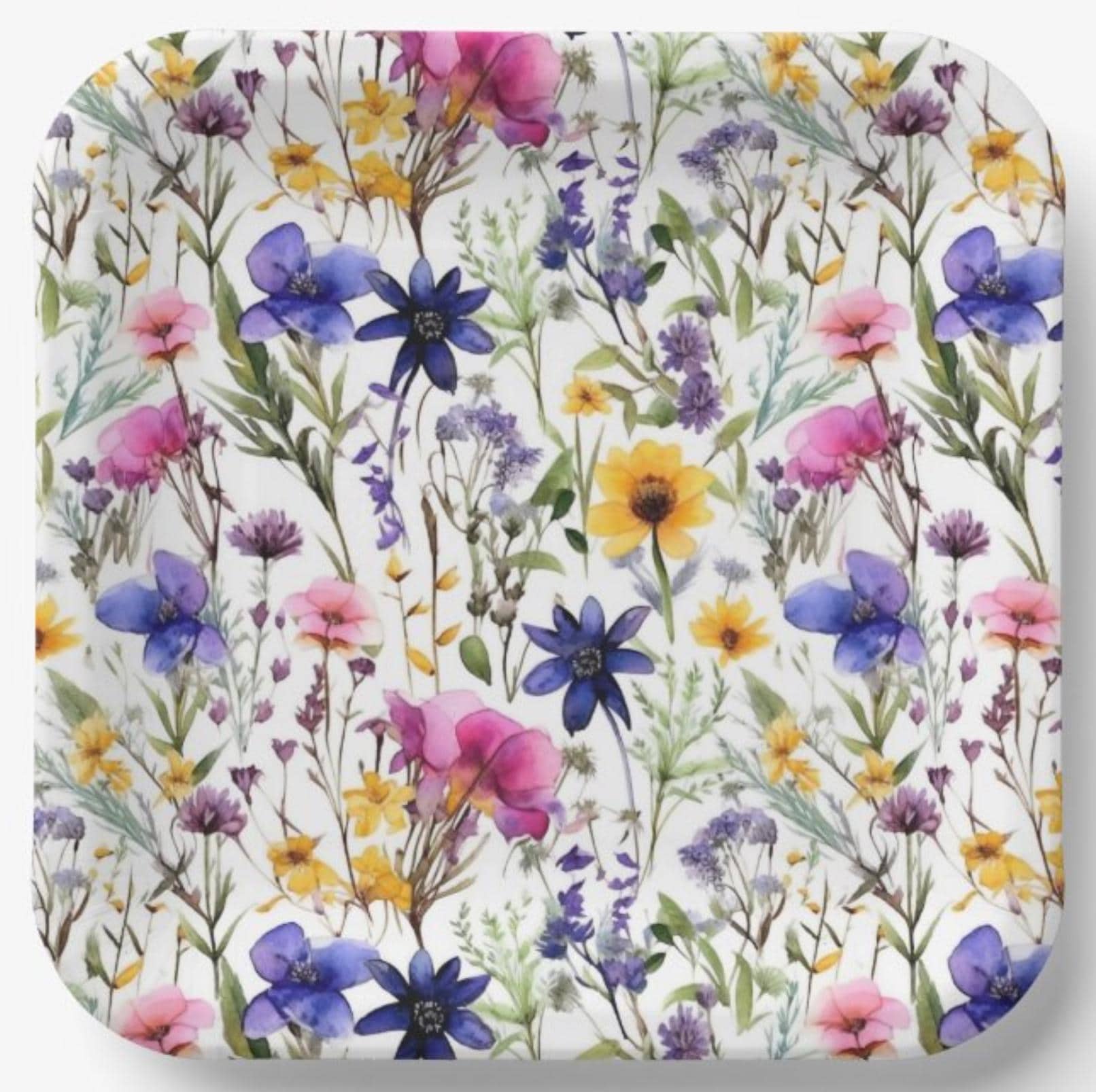 Wildflowers Floral Square Paper Plates Baby Bridal Shower Birthday Anniversary Wedding Flowers Watercolor, Set of 8