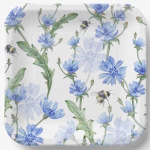 Floral Paper Plates Blue Flowers Birthday Party Baby Bridal Shower Wedding Anniversary Watercolor, Set of 8