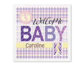 Personalized Baby Shower Paper Napkins, Welcome Baby Party Napkins, Custom Purple Cocktail Decor, Set of 50