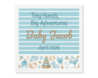 Personalized Baby Shower Paper Napkins, Welcome Baby Boy Party Napkins, Custom Blue Striped Cocktail Decor, Set of 50