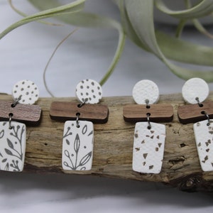 polymer clay earrings/polymer clay earring/earrings/floral/dangle/wood/white/gift for her/gold