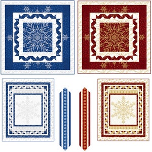 May include: Four different quilt blocks with snowflake designs. The blocks are in blue, red, and white with gold accents. The blocks are surrounded by a white background with a snowflake pattern.