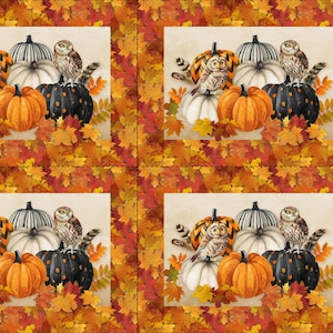 May include: A fabric panel featuring a repeating pattern of autumn scenes with pumpkins in orange, white, and black, alongside owls and fall leaves. The right side shows a vertical strip of six individual owl illustrations on a light background.
