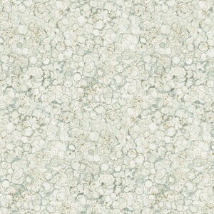 May include: A seamless pattern of abstract shapes in shades of green, white, and brown. The shapes are organic and resemble bubbles or cells.