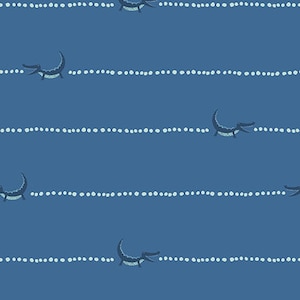 May include: A blue fabric with a repeating pattern of alligators swimming in a line with white dots. The alligators are facing right and have a light blue outline.