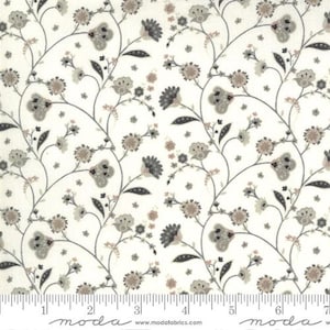 May include: White fabric with a repeating pattern of gray and pink floral sprigs. The fabric has a subtle sheen and a soft texture.