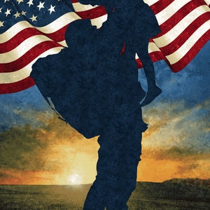 May include: Silhouette of a person holding a child in front of an American flag waving in the wind. The scene is set against a sunset with a field of red poppies in the foreground.