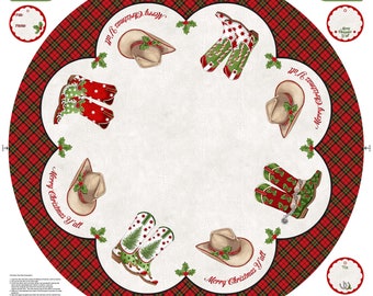 Howdy Christmas || DP24611-11 || Cowboy Christmas Tree Skirt || Panel || Taupe Multi (Large Panel, 43&quot; x 43&quot;)