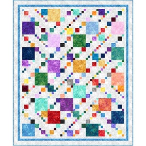 May include: A colorful quilt with a white background and a pattern of squares in various colors, including red, blue, green, yellow, and purple. The squares are arranged in a diagonal pattern, creating a dynamic and eye-catching design.