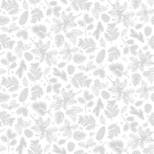 May include: A seamless pattern featuring hand-drawn illustrations of holly, pine branches, pine cones, and berries in shades of gray on a white background.