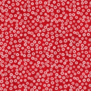 May include: A red background with a white snowflake pattern. The snowflakes are of varying sizes and are scattered randomly across the background.