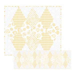 May include: A square, off-white and yellow patchwork quilt with a matching runner. The quilt features diamond shapes with various patterns, including ornaments, checks, and floral designs. The color palette is soft and festive, perfect for holiday decor.